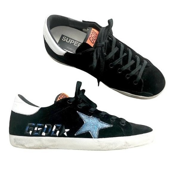 GOLDEN GOOSE Superstar Black Velvet Blue Glitter Star Lace Up Sneakers Size US 7 - Picture 1 of 14